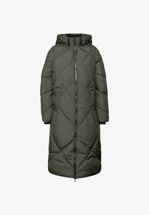 Długa, puchowa parka w kolorze oliwkowej zieleni, z diamentowym pikowaniem, zamkiem błyskawicznym, bocznymi kieszeniami oraz kapturem z regulowanymi troczkami.