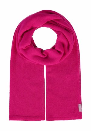 Pink knitted scarf, rectangular shape, soft texture, with a small branded tag on one end. Smooth finish, lightweight and versatile.