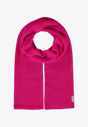 Pink knitted scarf, rectangular shape, soft texture, with a small branded tag on one end. Smooth finish, lightweight and versatile.