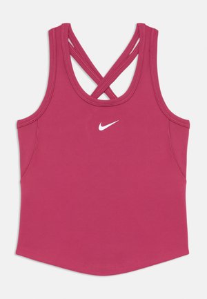 Magenta sports tank top med kryds-ryg stropper, med et hvidt Nike-logo på brystet; lavet af glat, strækbart stof.