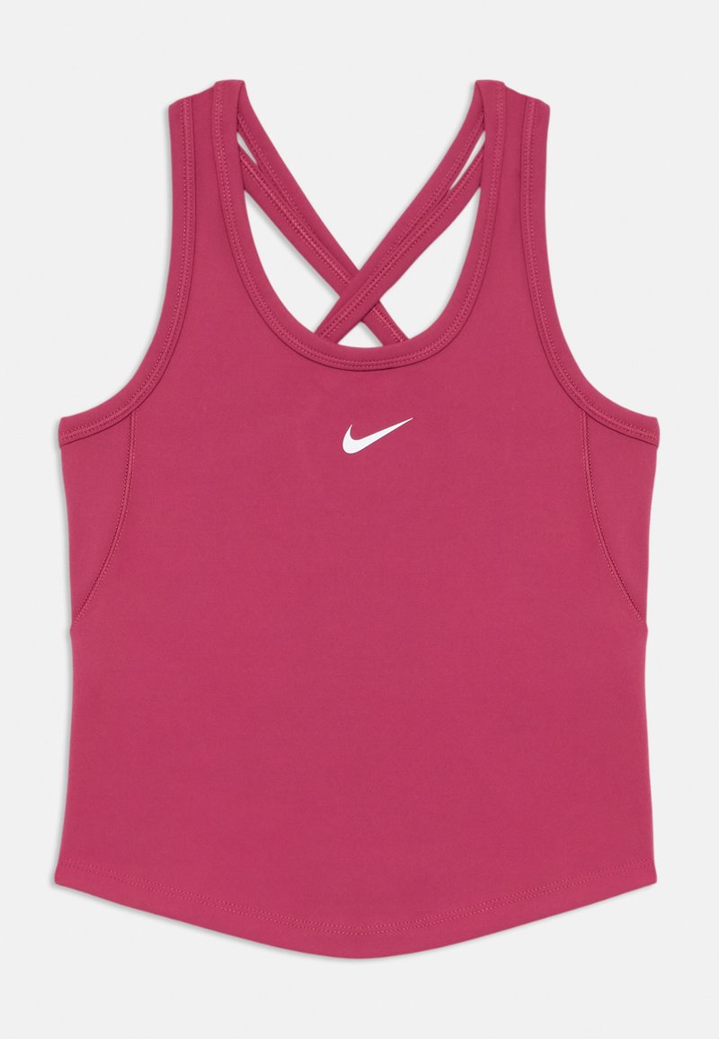 Magenta idretts tanktop med kryssryggstropper, med en hvit Nike-logo på brystet; laget av glatt, elastisk stoff.