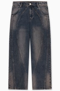 Wide-leg denim jeans in dark blue with a faded finish. Features unique curved seam design, five pockets, and a metal button closure.