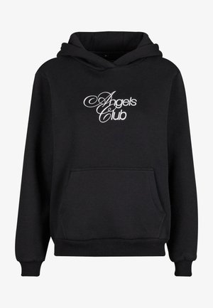 Fekete kapucnis felső, pamut keverékből készült, elülső zsebbel és fehér, dőlt betűs "Angels Club" felirattal. Állítható kapucnival és bordás mandzsettákkal rendelkezik.