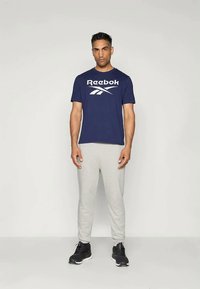 Navy Reebok t-shirt with white logo, paired with light gray sweatpants, and black athletic shoes. Simple, casual, and comfortable outfit.