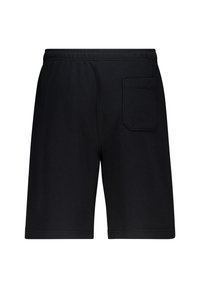 Black cotton shorts with an elastic waistband, rear patch pocket, and knee-length cut. Smooth texture with a simple design.