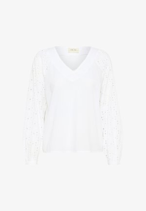 Weiße Bluse mit V-Ausschnitt und langen, gepufften Ärmeln aus gesticktem Stoff mit Aussparungen. Glatte Textur im gesamten Stoff.