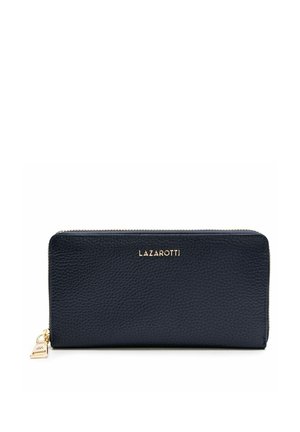 Cartera de cuero negro texturizado con cremallera alrededor, cremallera dorada y logo LAZAROTTI en el frente.