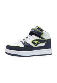 Men's high-top sneaker with a navy and white color scheme. Features synthetic upper, suede accents, neon green detailing, and a Velcro strap.