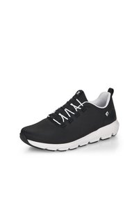 Black athletic shoe with a textured upper, white laces, and a white sole. Features a rounded toe and a small heel tab for easy wear.