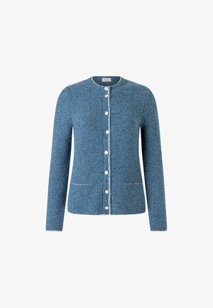 Blauer Cardigan aus strukturiertem Strickstoff. Verfügt über einen runden Ausschnitt, vordere Knöpfe und Taschen. Mit weißen Akzentnähten verziert.