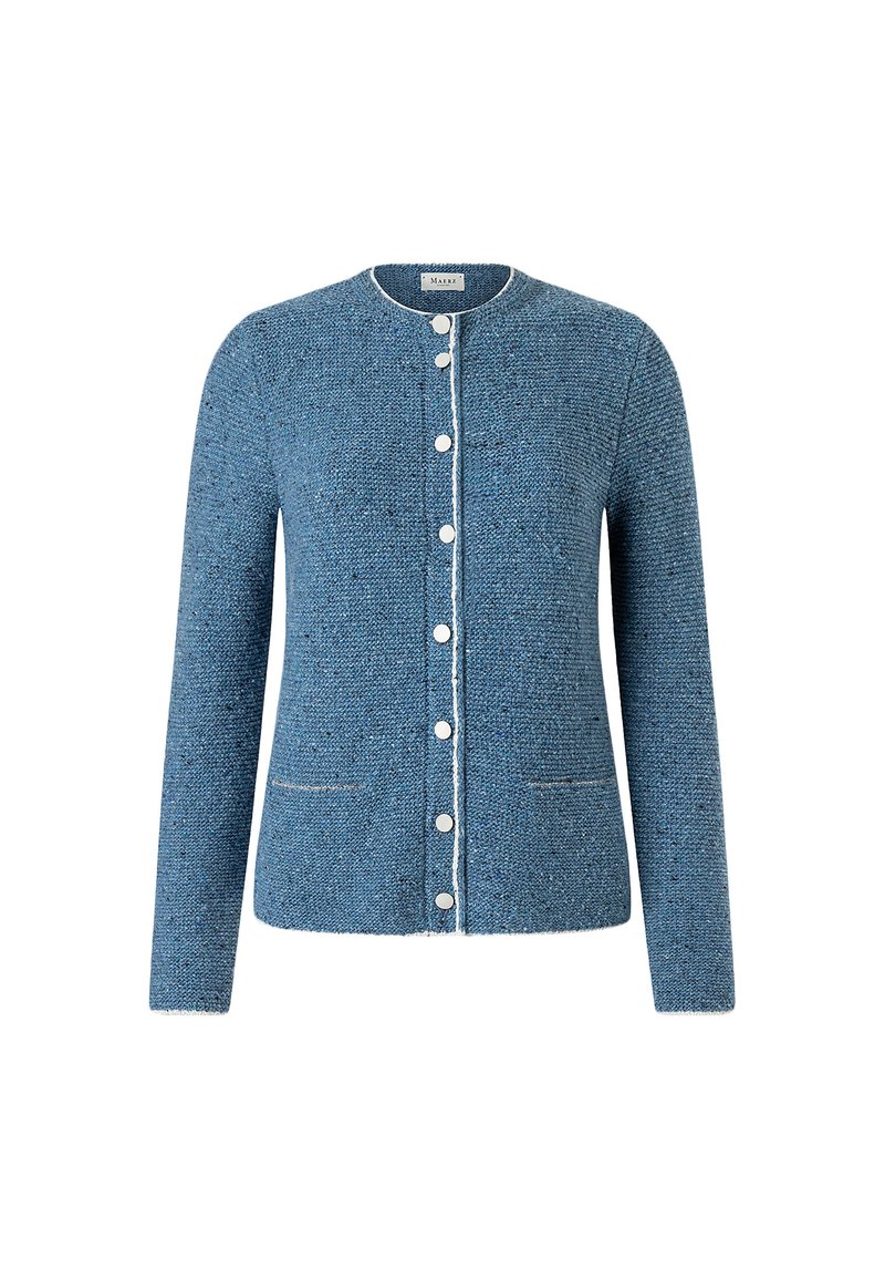 Blauer Cardigan aus strukturiertem Strickstoff. Verfügt über einen runden Ausschnitt, vordere Knöpfe und Taschen. Mit weißen Akzentnähten verziert.