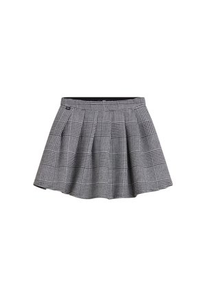 Minifalda plisada en blanco y negro con patrón de cuadros y cintura ajustada, mostrada sobre un fondo blanco liso.