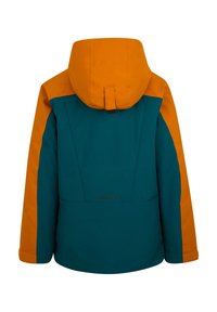 Rückansicht einer gewellten und orangefarbenen Kapuzenjacke mit langen Ärmeln, verstellbaren Bündchen und einer Schlaufe an der Kapuze.