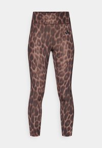 Κολάν με σχέδιο λεοπάρ σε αποχρώσεις καφέ και μαύρου, με ψηλή μέση, κατασκευασμένο από λείο, ελαστικό ύφασμα, σχεδίαση μέχρι τον αστράγαλο.