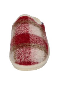 Red and beige checkered wool slipper with a soft, fuzzy texture, rounded shape, and cream-colored lining. Features a simple design.