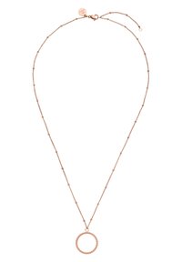 Halskette aus Roségold mit einer zarten Kette, die kleine runde Perlen und einen runden Anhänger mit einem strukturierten Muster präsentiert. Verstellbarer Verschluss.