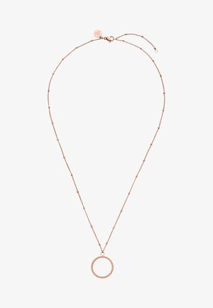 Halskette aus Roségold mit einer zarten Kette, die kleine runde Perlen und einen runden Anhänger mit einem strukturierten Muster präsentiert. Verstellbarer Verschluss.