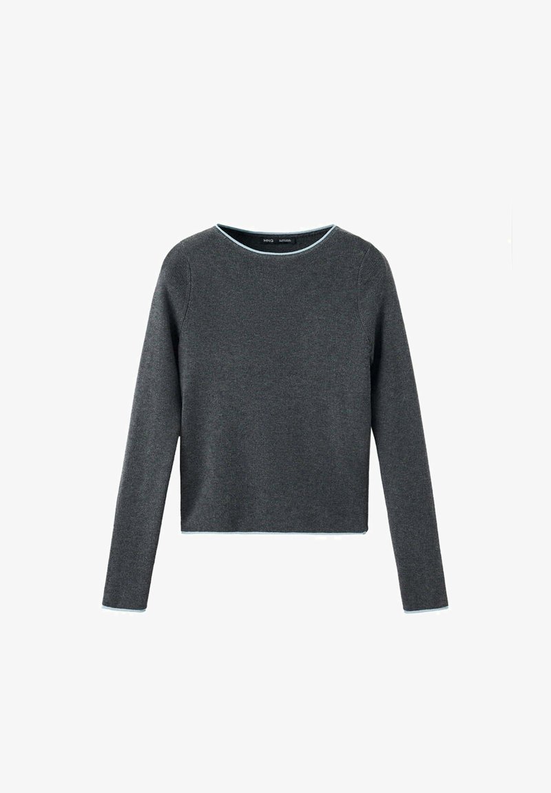 Pull en maille gris foncé à manches longues avec col rond et bordure claire au col et aux poignets, présenté sur un fond blanc.