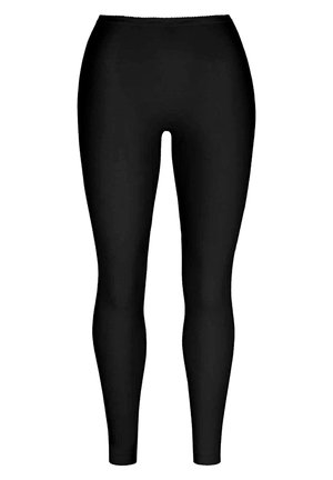Black leggings made of stretchy fabric with a smooth texture. High waistband, ankle-length, and no visible seams or patterns.