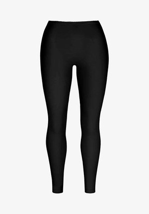Schwarze Leggings aus dehnbarem Stoff mit einer glatten Textur. Hoher Taillenbund, knöchellang und ohne sichtbare Nähte oder Muster.