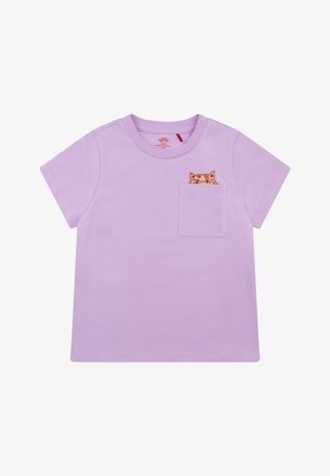 Lila katoenen T-shirt met ronde hals en korte mouwen. Voorzien van een zak met een geborduurd tijgerdesign. Glad oppervlak.