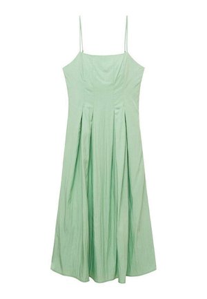 O rochie fără mâneci, de lungime până la genunchi, dintr-un material de culoare verde deschis. Are un corset ajustat cu pliuri și bretele subțiri. Textură netedă.