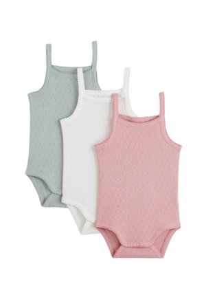 Trois bodies en coton doux de couleur vert clair, blanc et rose. Chacun dispose de bretelles réglables et d'un motif texturé à pois avec des fermetures à boutons.