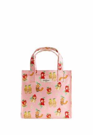 Geantă roz tip tote cu animale de desen animat îmbrăcate în costume de fructe și flori, flori mici albe și emblema Cath Kidston pe partea din față.
