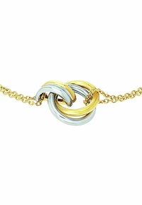 Guld- och silverfärgade sammanlänkade ringar på ett tunt kedja, med släta, polerade ytor och en tvinnad design med en minimalistisk look.