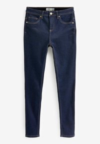 Jeans ajustados de mezclilla azul oscuro, con un diseño de cinco bolsillos, costuras en contraste y una cremallera con cierre de botón metálico.