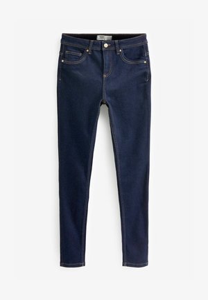 Sötétkék farmer skinny nadrág, öt zsebbel, kontrasztvarrással és cipzárral, fémből készült gombbal záródik.