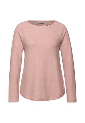 Helles rosa Langarmshirt mit Rundhalsausschnitt und Raglanärmeln. Weiche Stoffqualität mit leichter Textur und abgerundetem Saum.