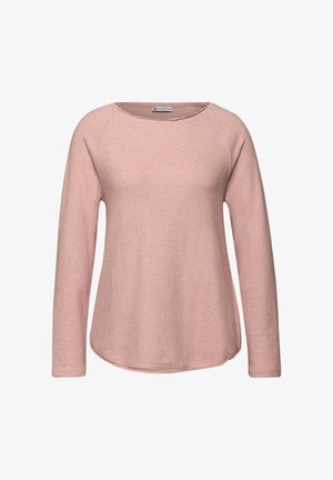 Jasnoróżowa koszula z długim rękawem, okrągłym dekoltem i rękawami raglanowymi. Miękka tkanina o lekkiej teksturze i zaokrąglonym dolnym krawędzi.