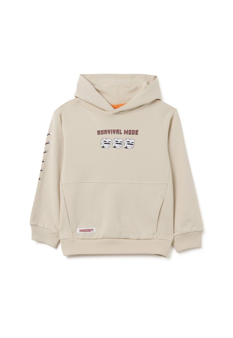 Felpa cappuccio beige con fodera arancione e tasca frontale. Presenta testo e grafiche "SURVIVAL MODE" sul petto e sulla manica.