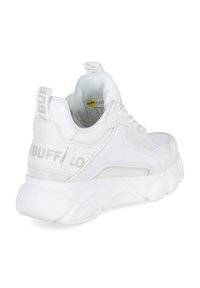 White sneaker with mesh and synthetic upper, thick cushioning sole, and side logo. Features rounded toe and prominent heel detailing.