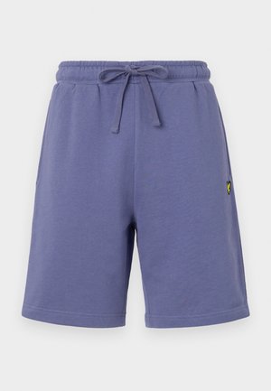 Purple cotton shorts with an elastic waistband and drawstring. Features side pockets and a small yellow logo on the left leg.