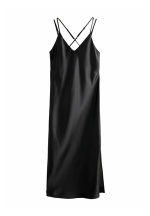 Vestido de satén negro con escote en V, tirantes finos ajustables y diseño de espalda cruzada. Cuenta con una abertura lateral para un detalle adicional.