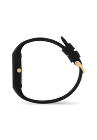 Orologio smartwatch in silicone nero con quadrante rettangolare, pulsante dorato e cinturino regolabile con design a fibbia per una chiusura sicura.
