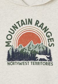 Light gray hoodie featuring a graphic with a sunset in orange and cream, mountains in green, trees in dark green, and a white silhouette of a wolf.