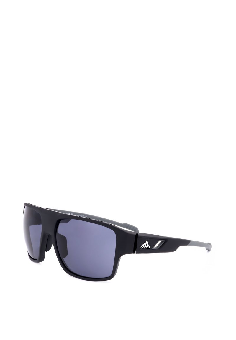 Black Adidas sunglasses with dark rectangular lenses and a logo on the temple, shown at a slight angle on a white background.