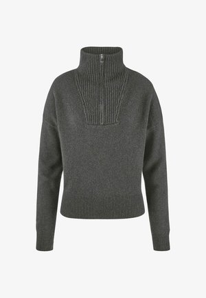 Dunkelgrauer Pullover aus weichem Strickstoff, mit einem Reißverschluss, geripptem Rollkragen sowie gerippten Säumen und Bündchen.