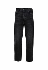 Jeans de mezclilla negra con un diseño de pierna recta, que presentan una textura deslavada, sutiles desgastes y cierre de botón metálico. Incluye dos bolsillos frontales.
