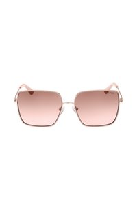 Gafas de sol cuadradas con lentes color rosa, un marco de metal delgado y varillas de color rosa claro. Presentan acentos decorativos en las bisagras.