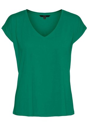 Kortærmet kvindes V-hals T-shirt i blågrøn med løs pasform og letvægtsstof.
