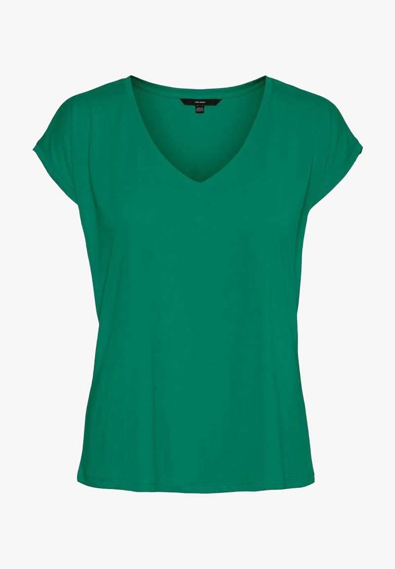 T-shirt pour femme de couleur vert sarcelle, à manches courtes et col en V, avec une coupe décontractée et un tissu léger.