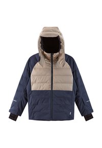 Kurtka ocieplana z beżową górną częścią i granatową dolną częścią. Posiada kaptur i czarne wykończenie wewnętrzne. Zamek błyskawiczny z przodu.