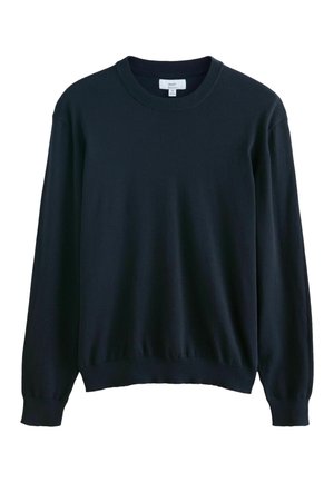 Dunkel marineblauer Pullover mit Rundhalsausschnitt, langen Ärmeln sowie gerippten Bündchen und Saum, Größe M, vor weißem Hintergrund.