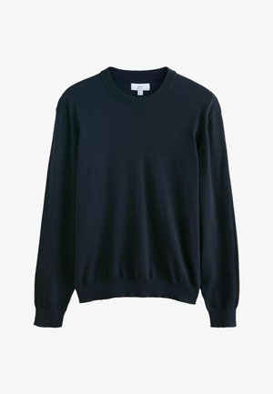 Dunkel marineblauer Pullover mit Rundhalsausschnitt, langen Ärmeln sowie gerippten Bündchen und Saum, Größe M, vor weißem Hintergrund.