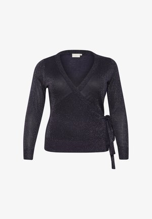 Navy wrap sweater with long sleeves, v-neck, tie closure at the waist, and a subtle shimmer throughout the fabric. Soft texture.
