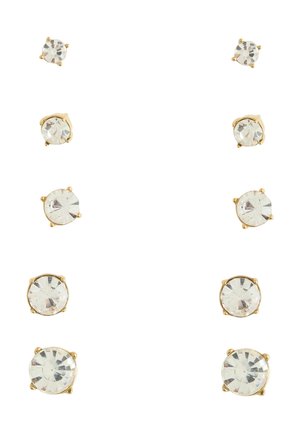 Sechs Paare runde, klare Edelstein-Ohrstecker in goldenen Fassungen, angeordnet in zwei vertikalen Spalten nach Größe von klein bis groß.